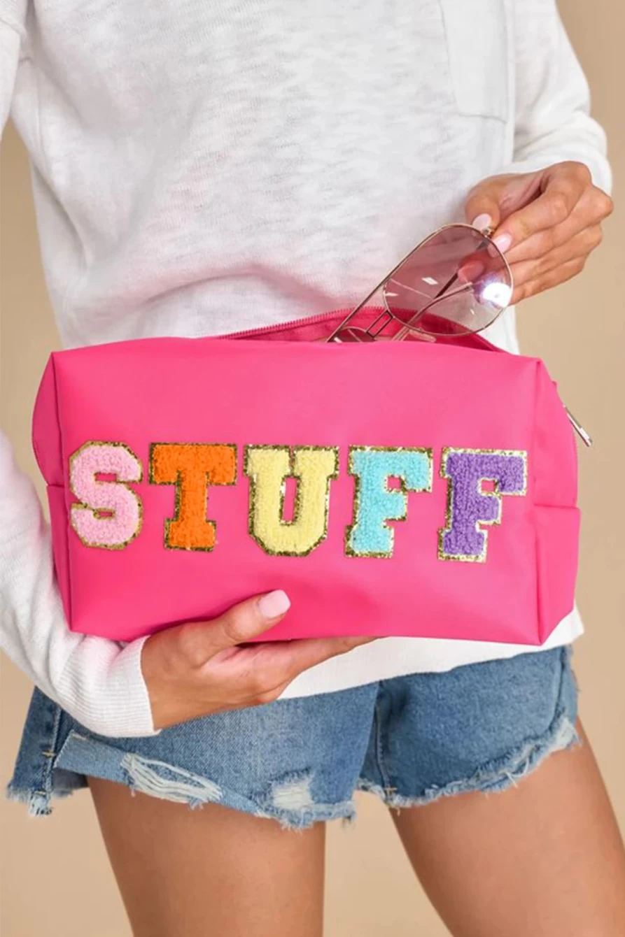 "Shewin Women's Rose Red Sequined Monogram Toiletry Bag - Glittery Canvas Cosmetic Case"