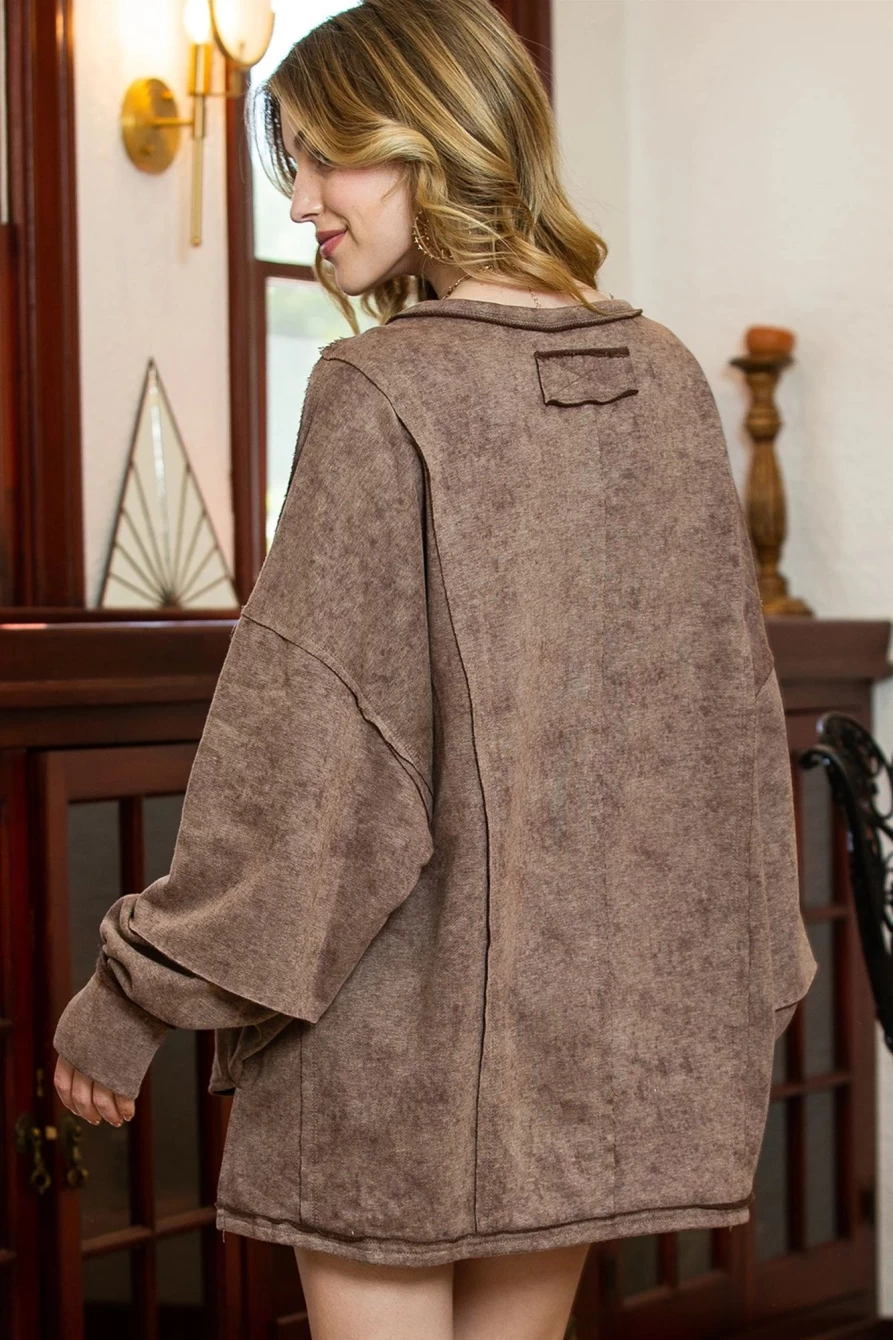 Shewin Women's Brown Oversized Thumbhole Top with Exposed Seam Patchwork Design