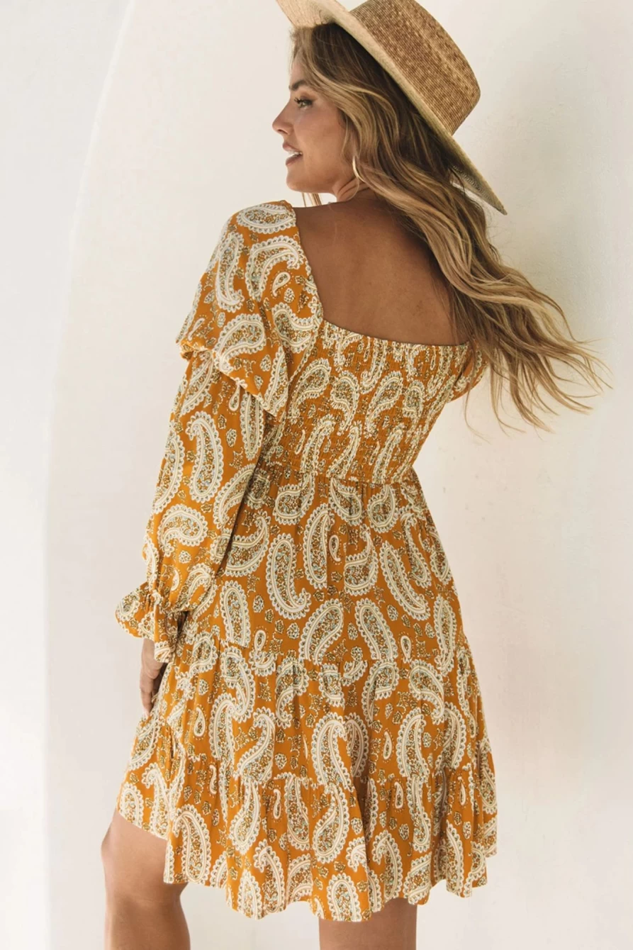 "Shewin Women's Yellow Boho Floral Paisley Print Long Sleeve Dress"