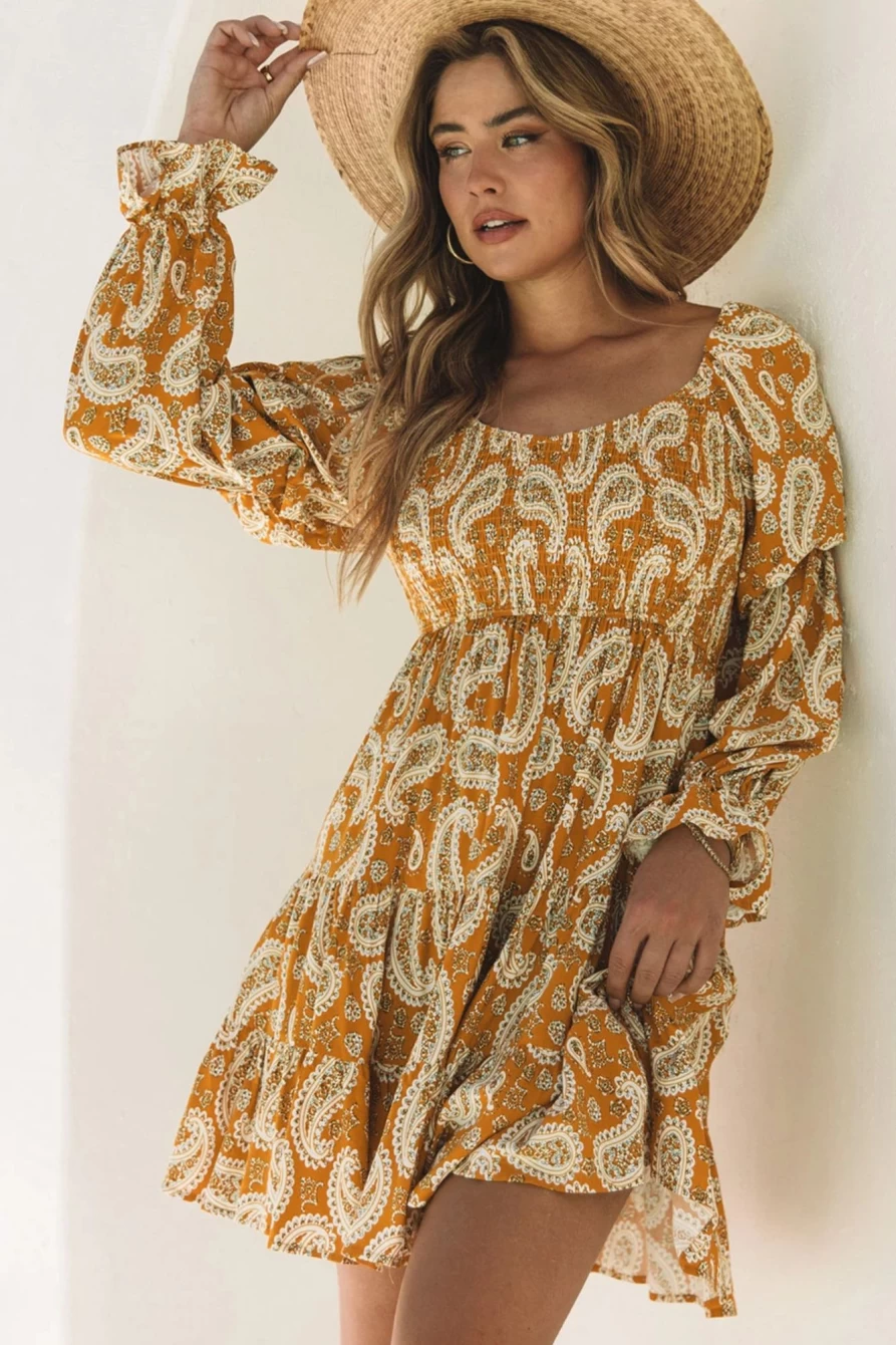 "Shewin Women's Yellow Boho Floral Paisley Print Long Sleeve Dress"