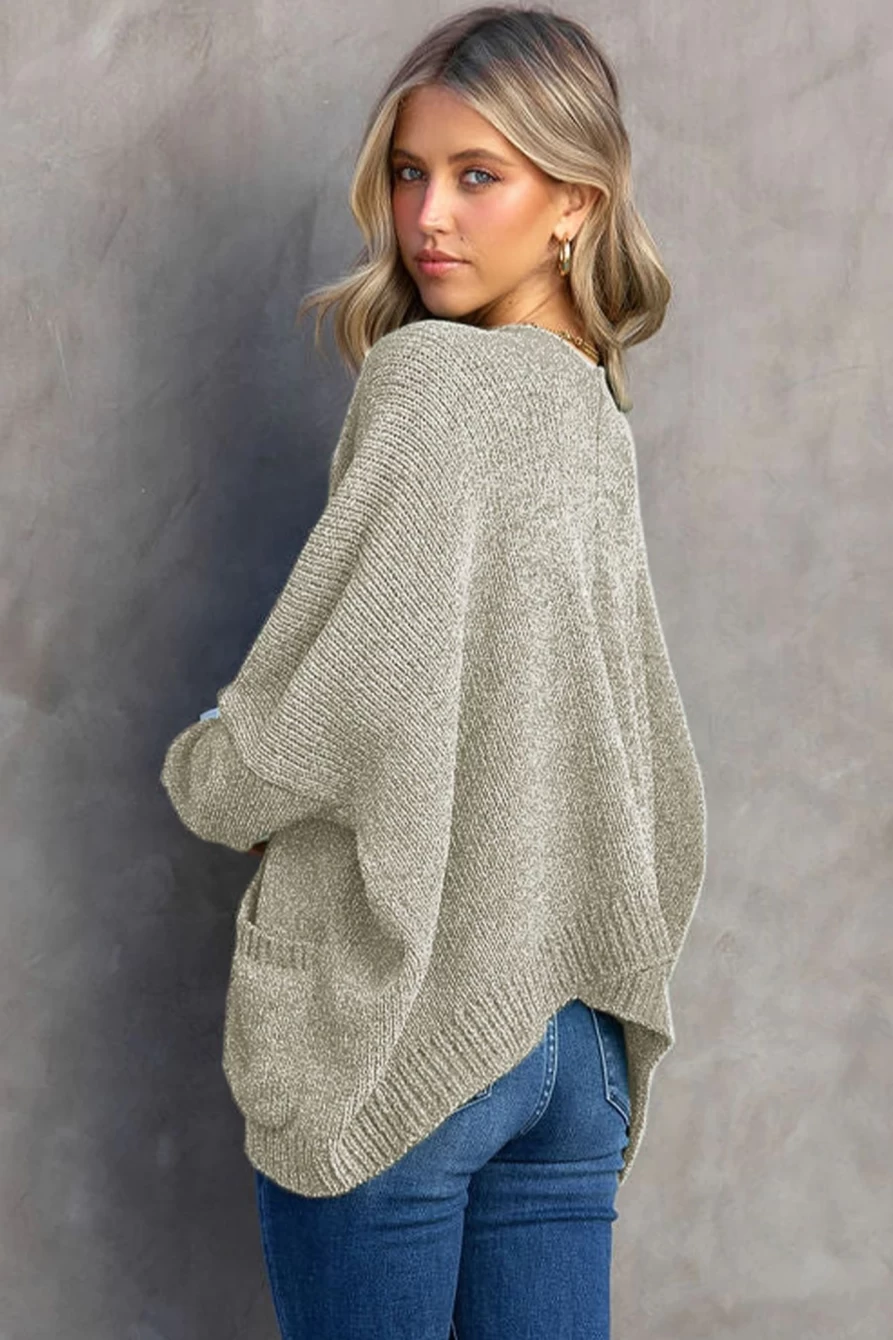 Shewin Women's Gray Button Front Pocketed Loose Fit Cardigan