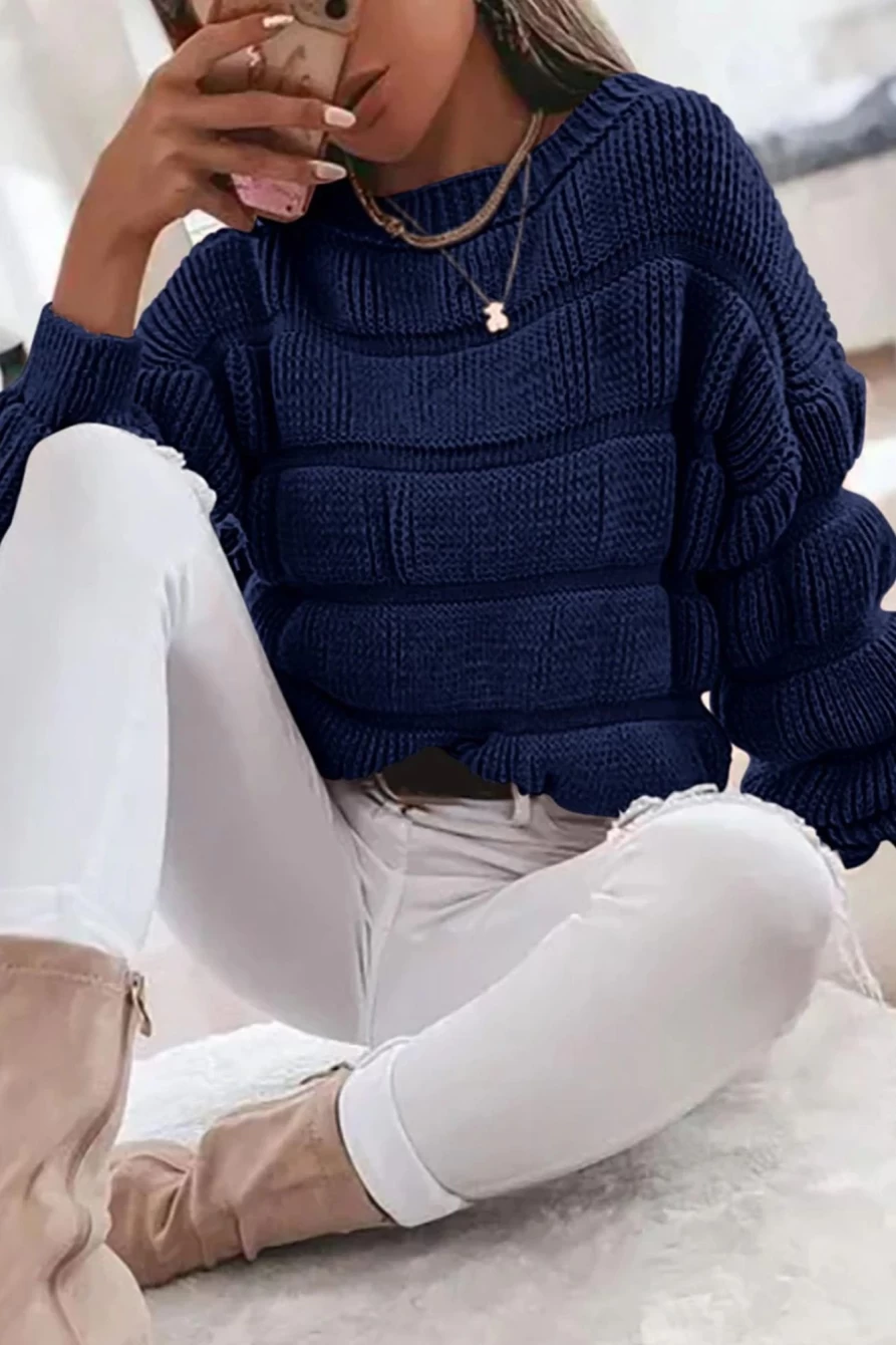 Women's Navy Blue Chunky Knit Sweater - Shewin Long Puff Sleeve Plain Pullover