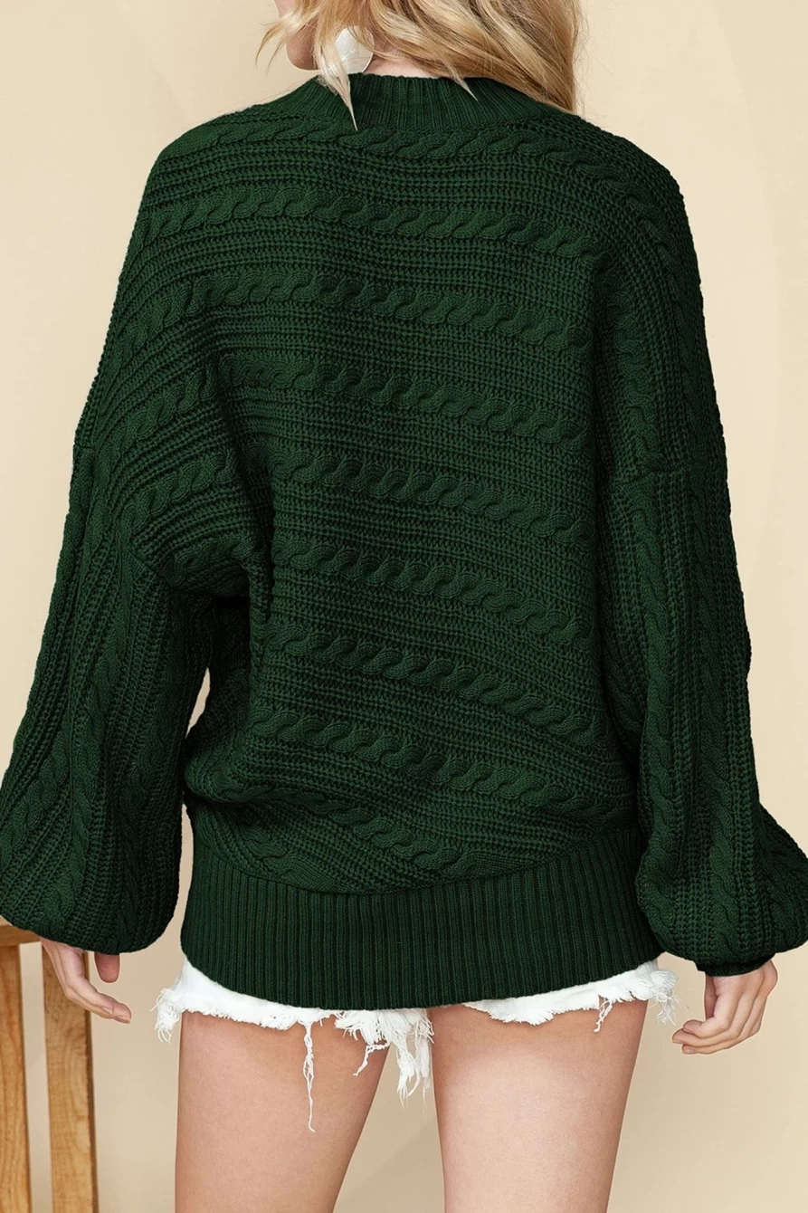 Shewin Women's Blackish Green Mock Neck Lantern Sleeve Cable Knit Sweater