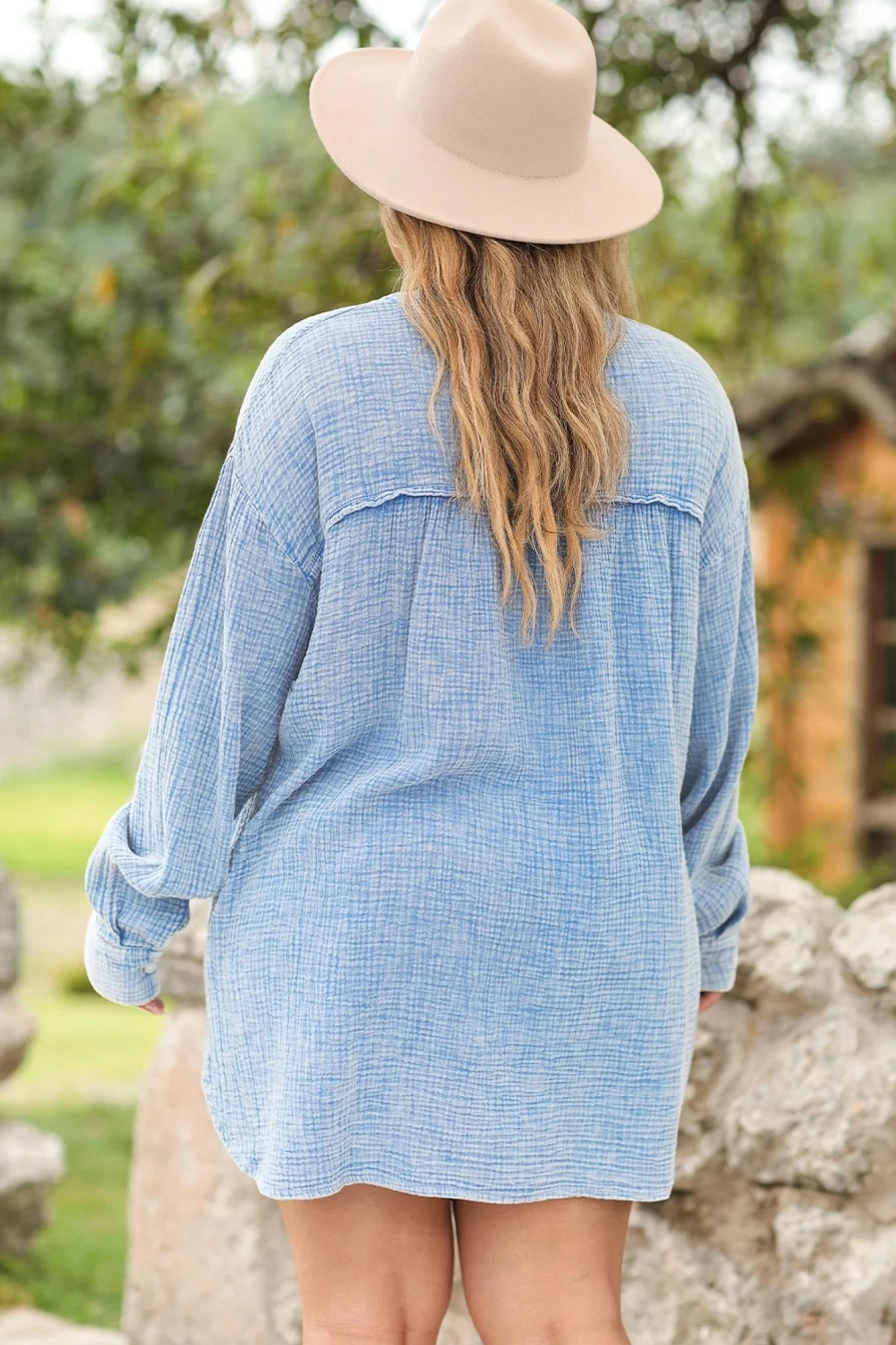 Shewin Women's Light Blue Plus Size Crinkled Split Neck Button-Down Blouse