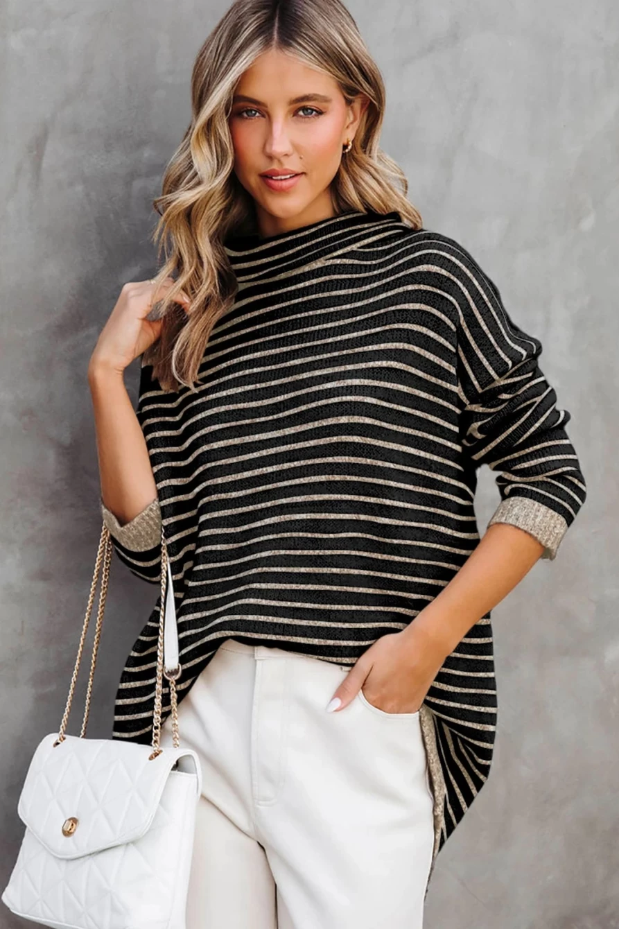 Shewin Women's Black Striped Turtleneck Long Sleeve Sweater