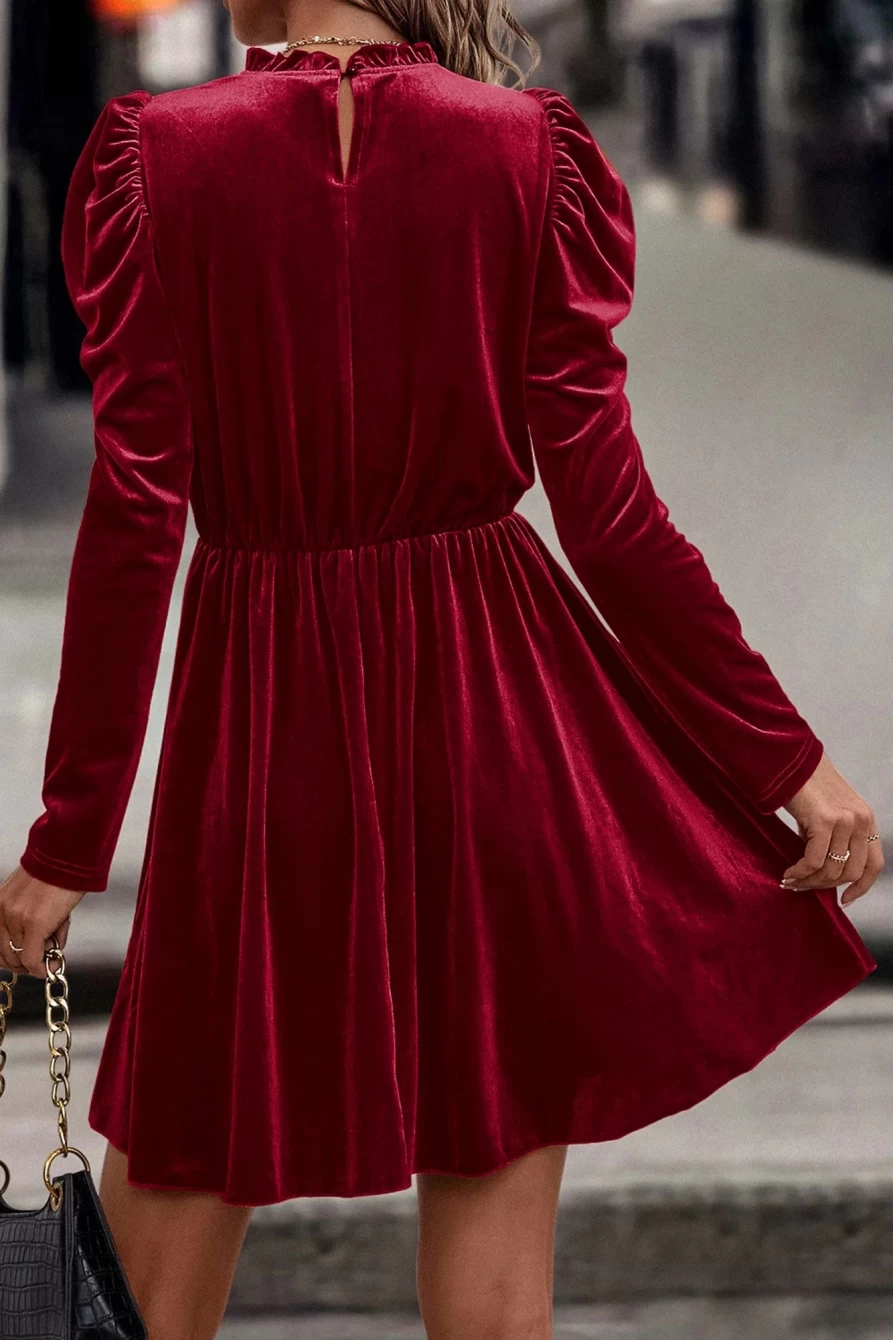 Shewin Women's Red Dahlia Velvet Dress with Frilled Neck and Gigot Sleeves