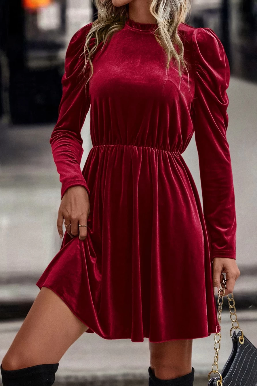 Shewin Women's Red Dahlia Velvet Dress with Frilled Neck and Gigot Sleeves