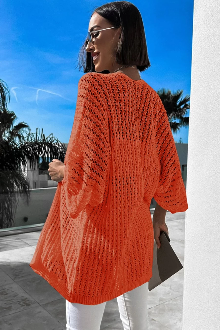 Shewin Women's Orange Hollow-Out Knit Cardigan Sleeve Bracelet Sweater