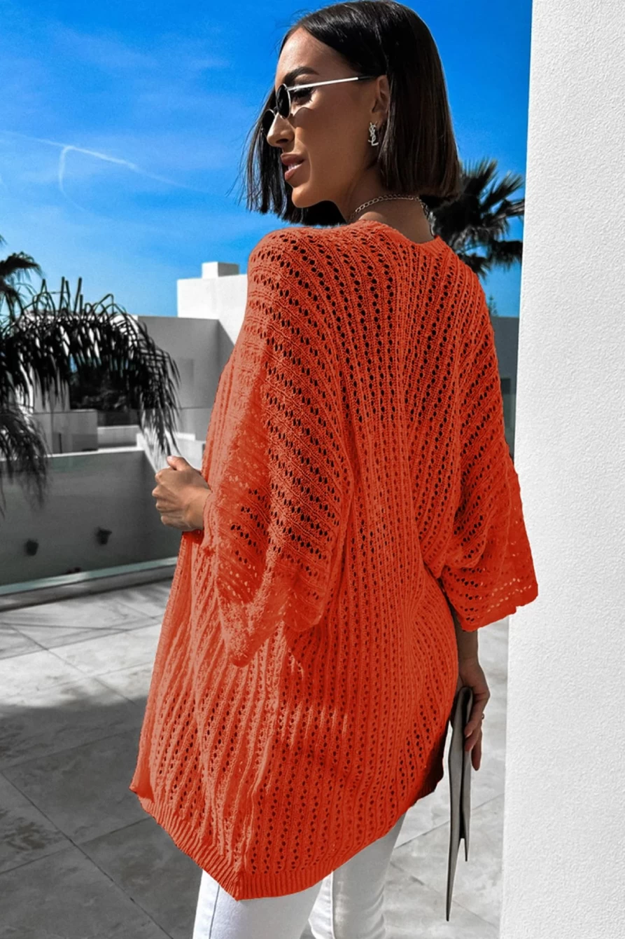Shewin Women's Orange Hollow-Out Knit Cardigan Sleeve Bracelet Sweater