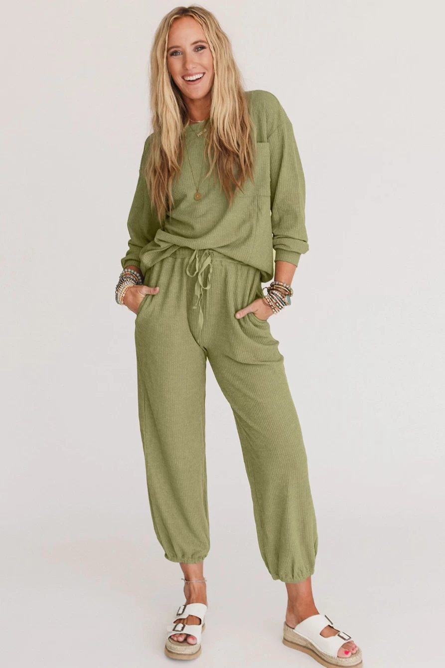 Shewin Women's Laurel Green Waffle Knit Long Sleeve Top & Drawstring Joggers Set