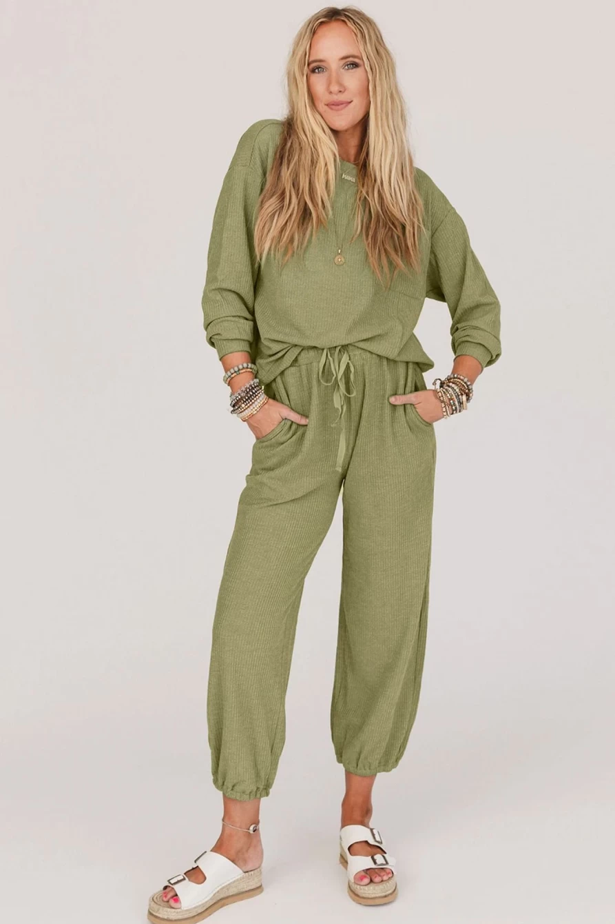 Shewin Women's Laurel Green Waffle Knit Long Sleeve Top & Drawstring Joggers Set