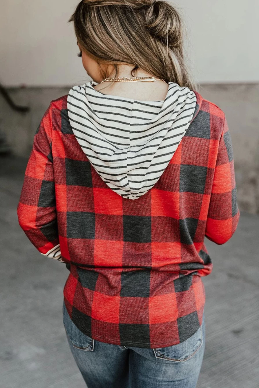 Shewin Women's Red Plaid & Leopard Print Christmas Graphic Hoodie with Patch Sleeves