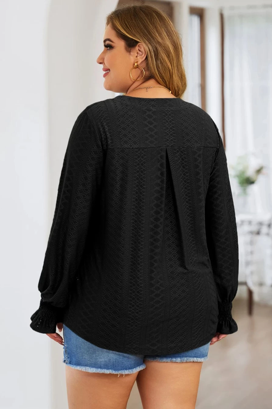 Shewin Women's Black Eyelet Jacquard Plus Size Blouse with Split Neck & Flounce Sleeves