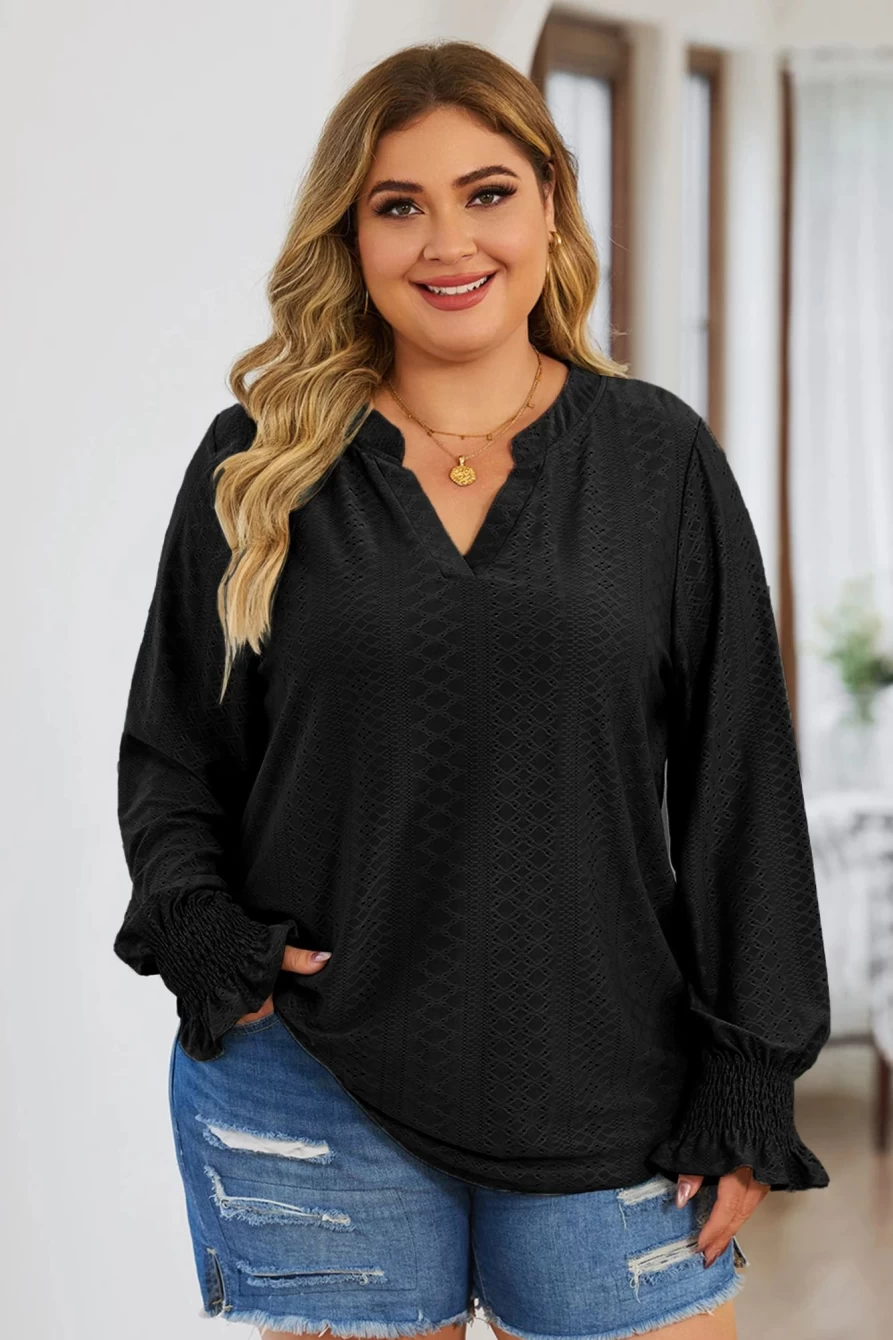 Shewin Women's Black Eyelet Jacquard Plus Size Blouse with Split Neck & Flounce Sleeves