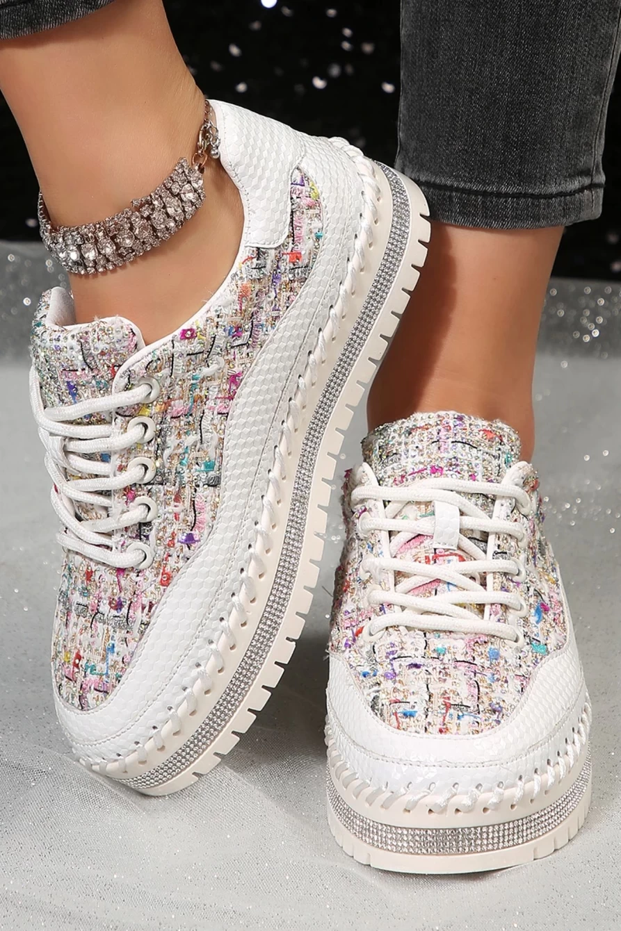 Shewin Women's White Shiny Sequin Slip-On Flat Shoes with Thick Sole