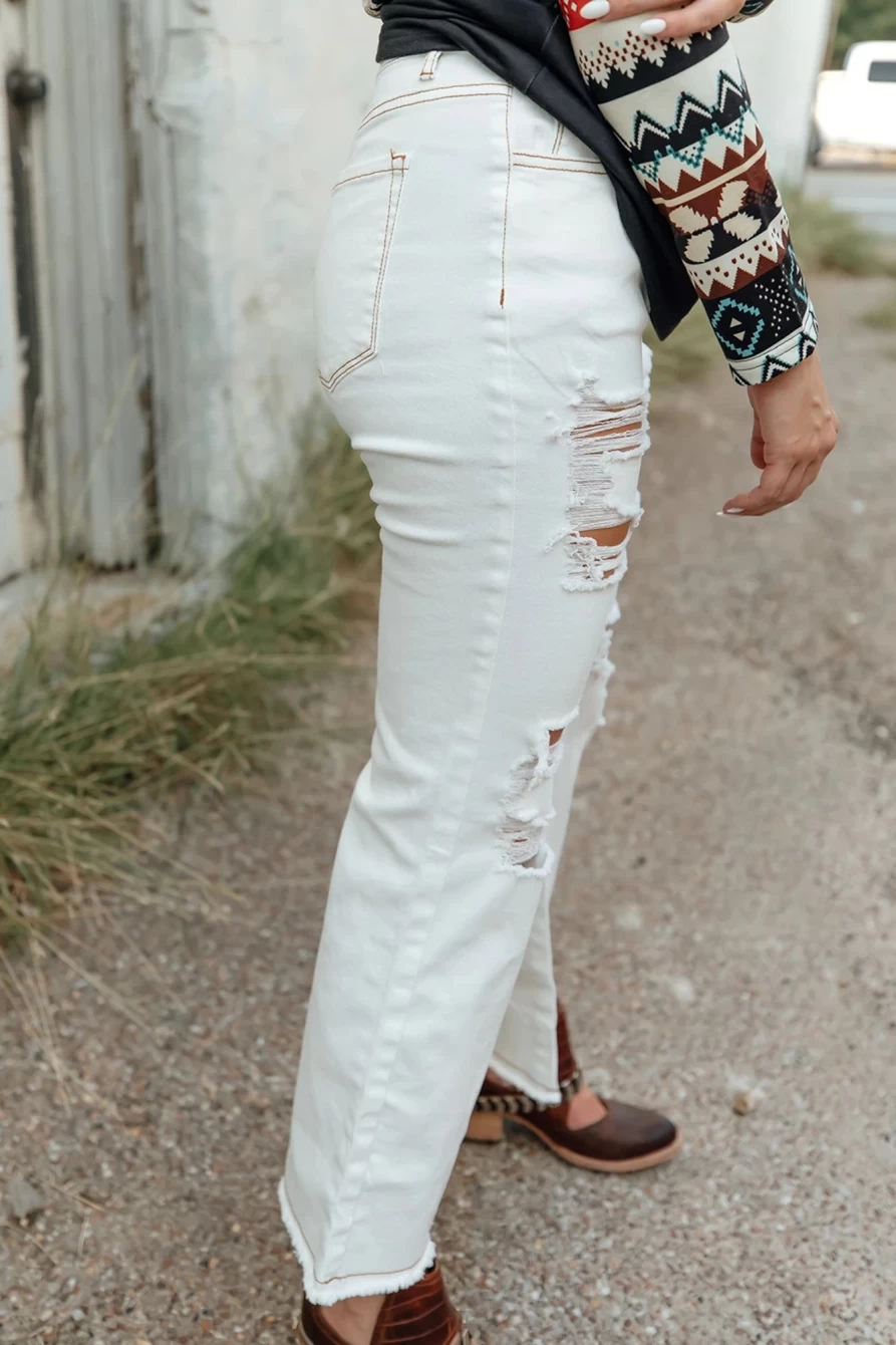 Shewin Women's White High Waisted Distressed Flare Jeans with Button Details
