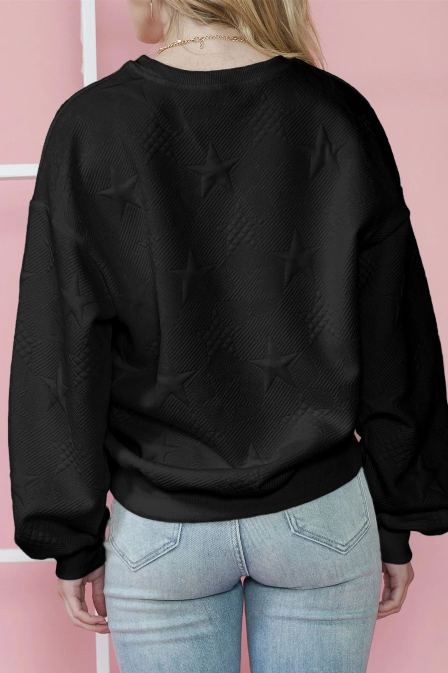 Shewin Women's Black Star Embossed Drop Shoulder Sweatshirt - Textured Oversized Pullover