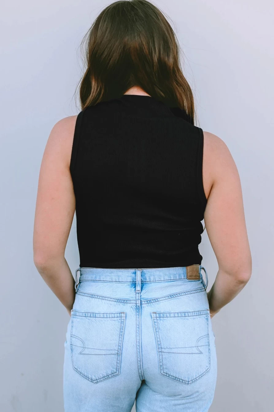 Shewin Women's Black Ribbed Sleeveless Zip-Up Mock Neck Bodysuit