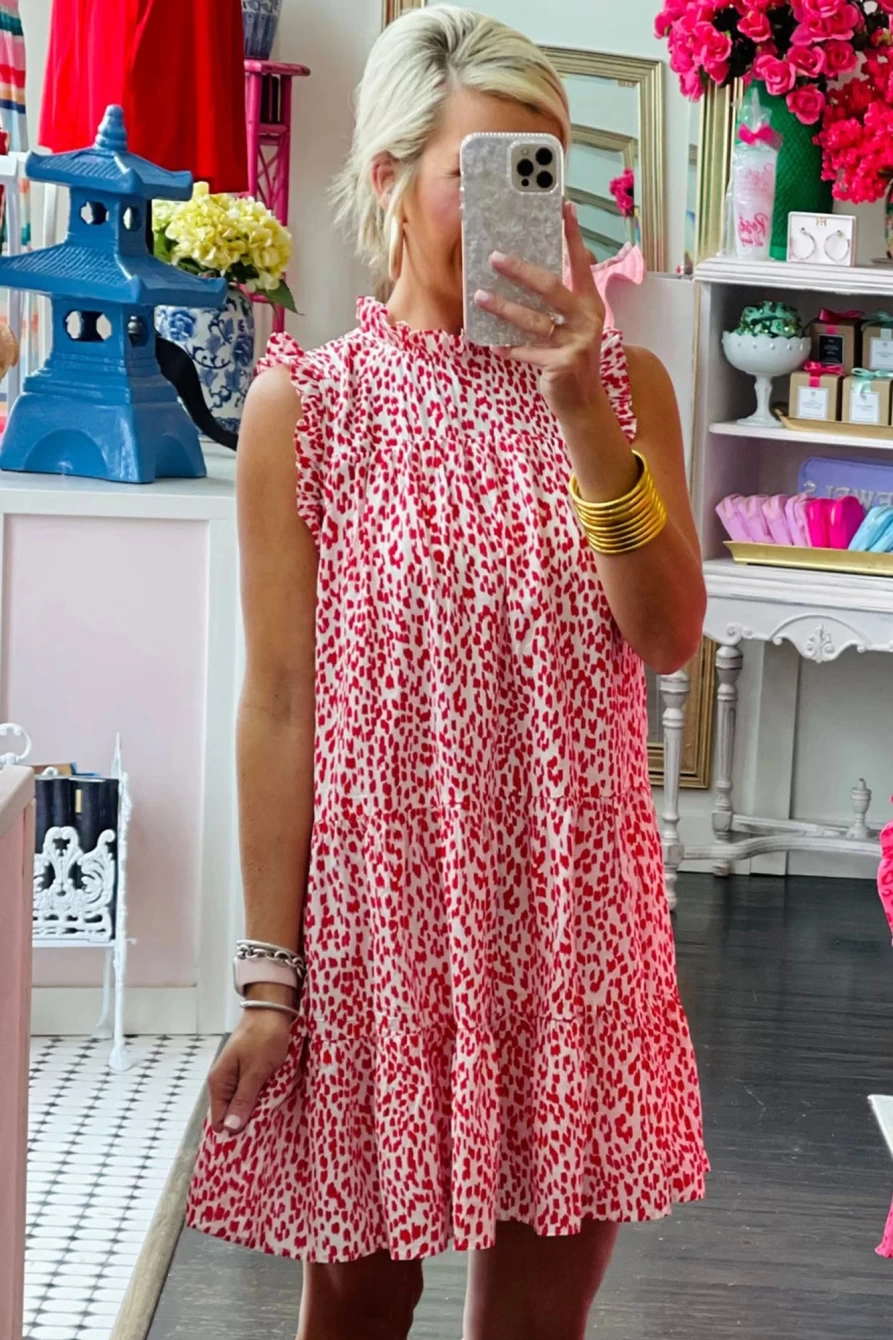 Shewin Women's Pink Leopard Print Frilled Neck Sleeveless Tank Short Dress