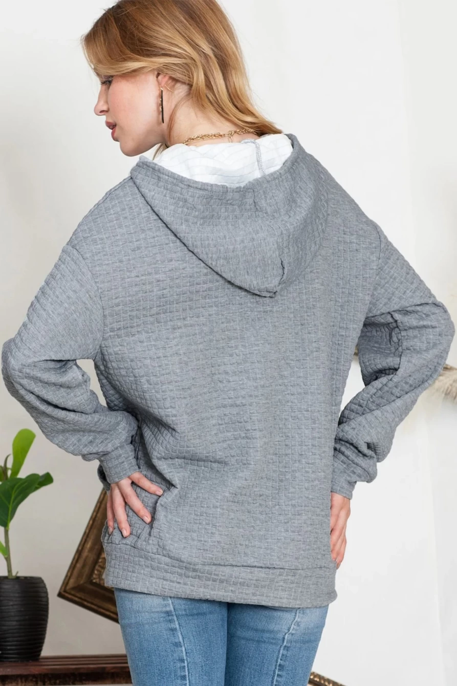 Shewin Women's Gray Lattice Textured Hoodie with Kangaroo Pocket & Drawstring