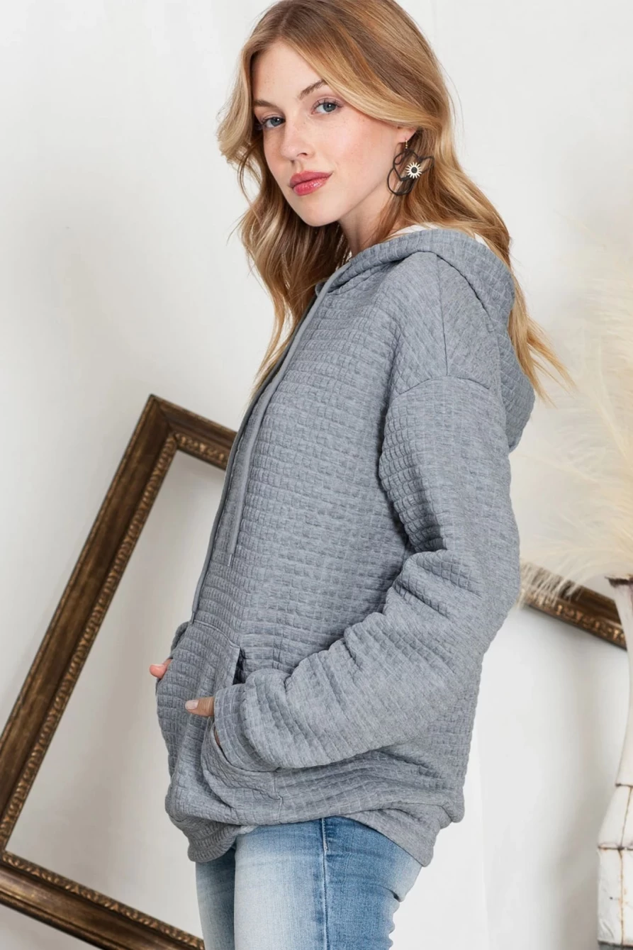 Shewin Women's Gray Lattice Textured Hoodie with Kangaroo Pocket & Drawstring