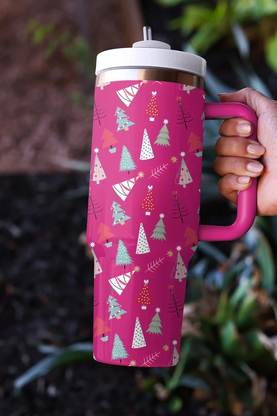 "Shewin Rose Red Christmas Tree Thermos Cup for Women - Cute Cartoon Printed Insulated Travel Mug"