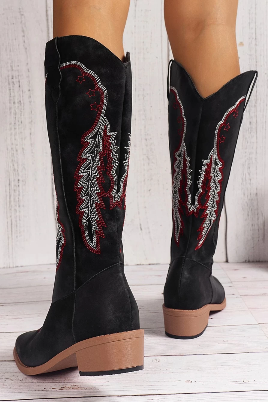 Shewin Women's Black Geometric Embroidery Slip-On Cowgirl Boots Western Fashion Footwear