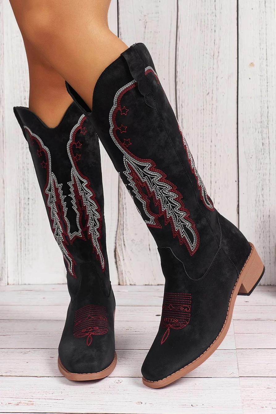 Shewin Women's Black Geometric Embroidery Slip-On Cowgirl Boots Western Fashion Footwear