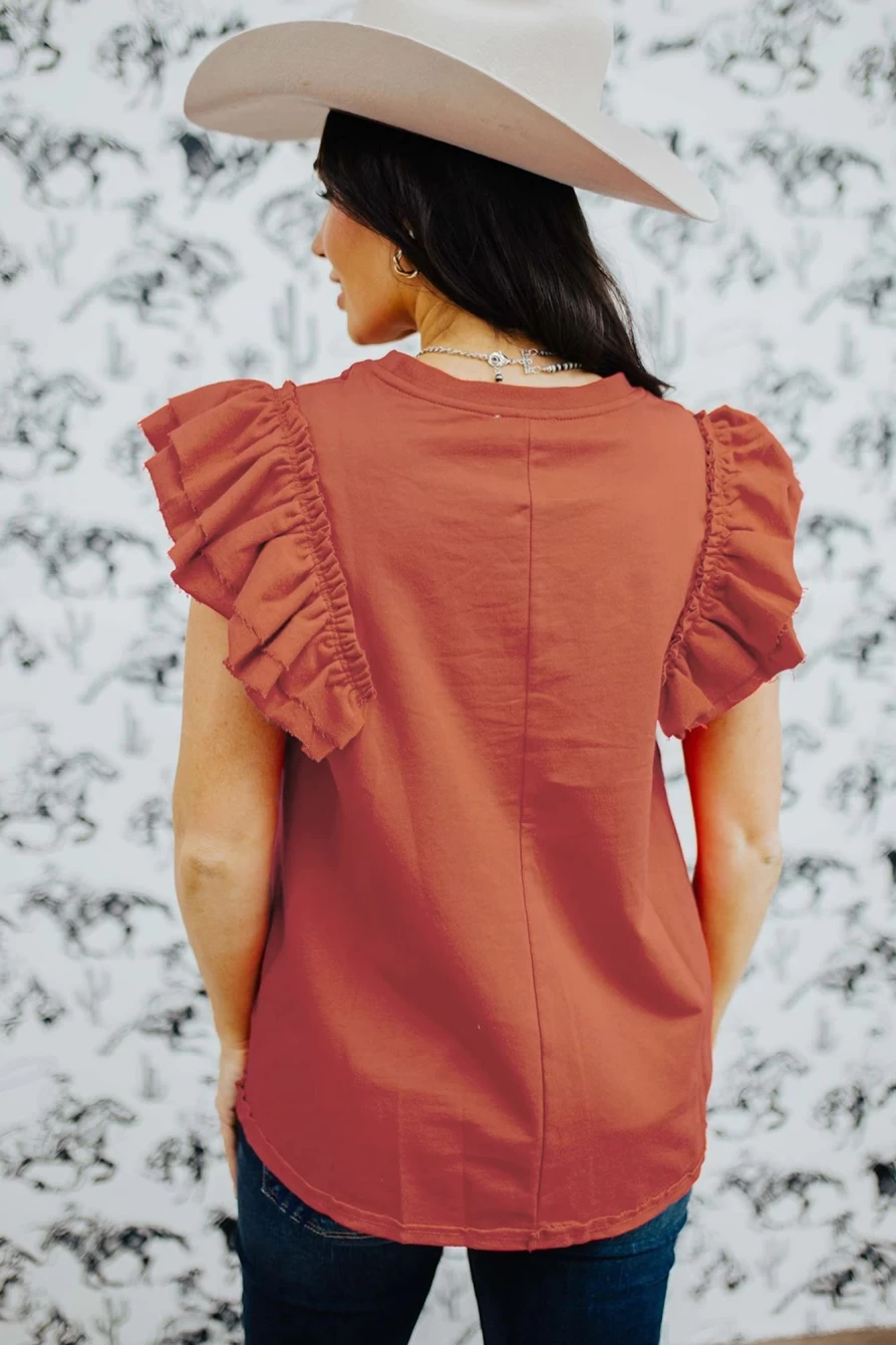 Shewin Women's Orange Ruffle Short Sleeve Solid Color Blouse - Trendy Casual Top