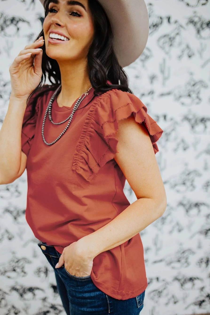 Shewin Women's Orange Ruffle Short Sleeve Solid Color Blouse - Trendy Casual Top