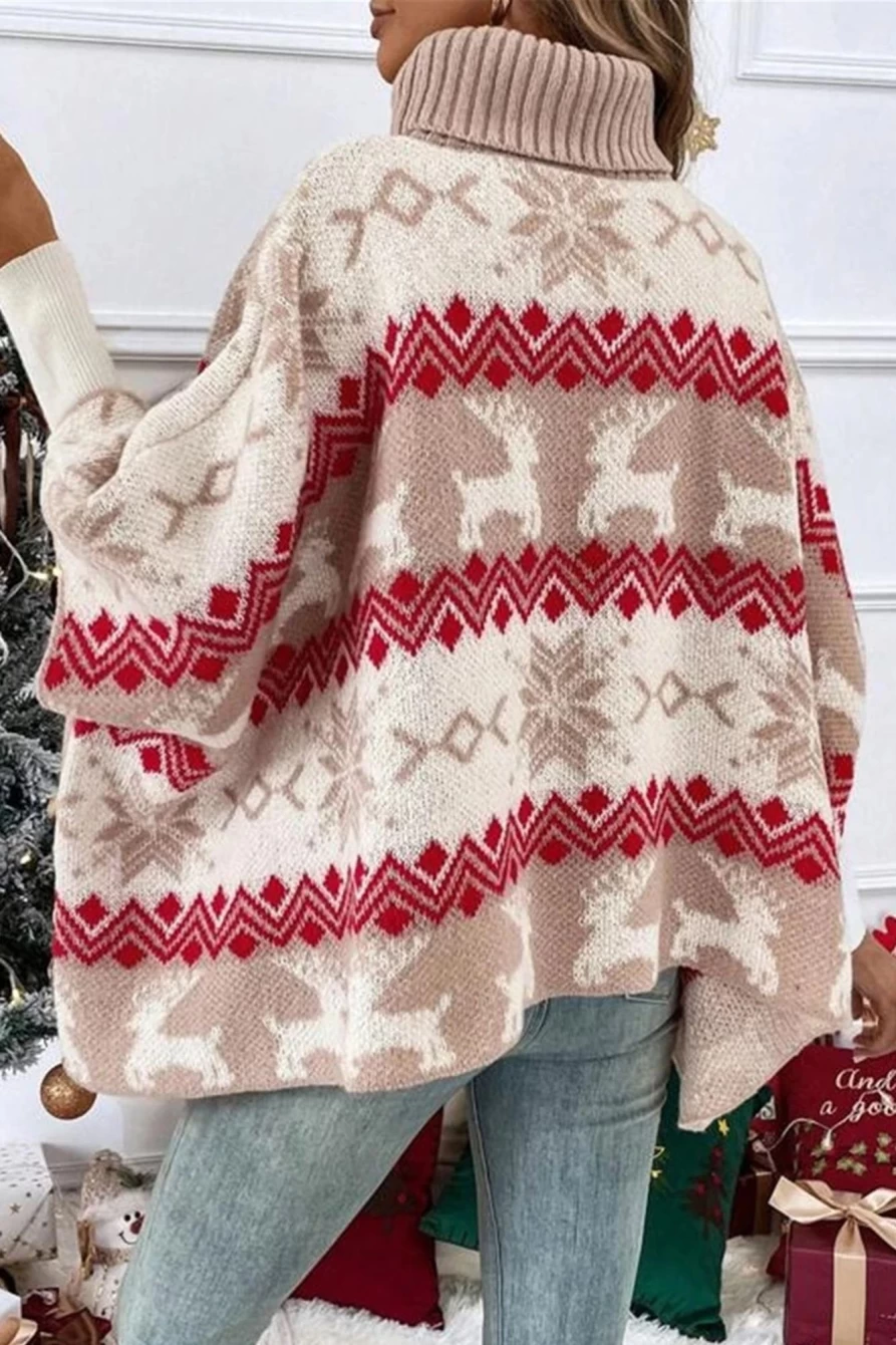 Shewin Women's Red Christmas Printed High Neck Buttoned Sweater Holiday Festive Top