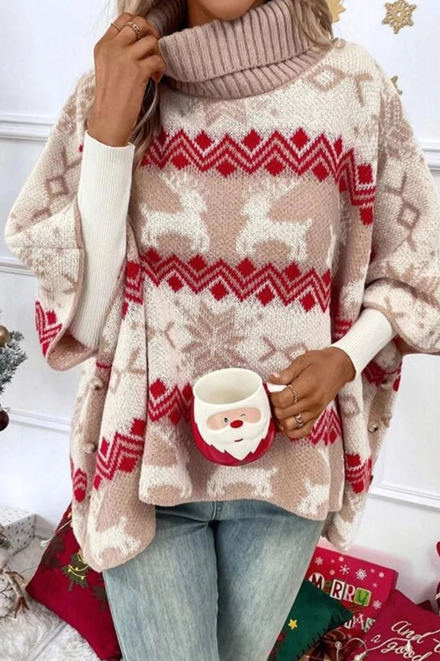 Shewin Women's Red Christmas Printed High Neck Buttoned Sweater Holiday Festive Top