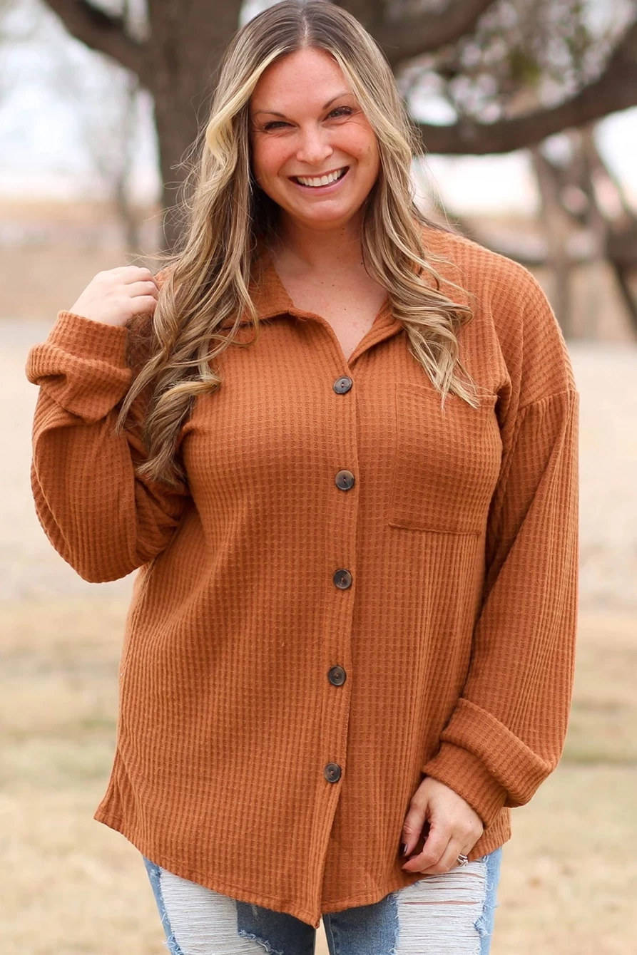 Shewin Women's Plus Size Brown Waffle Knit Shacket - Textured Cozy Oversized Button-Up