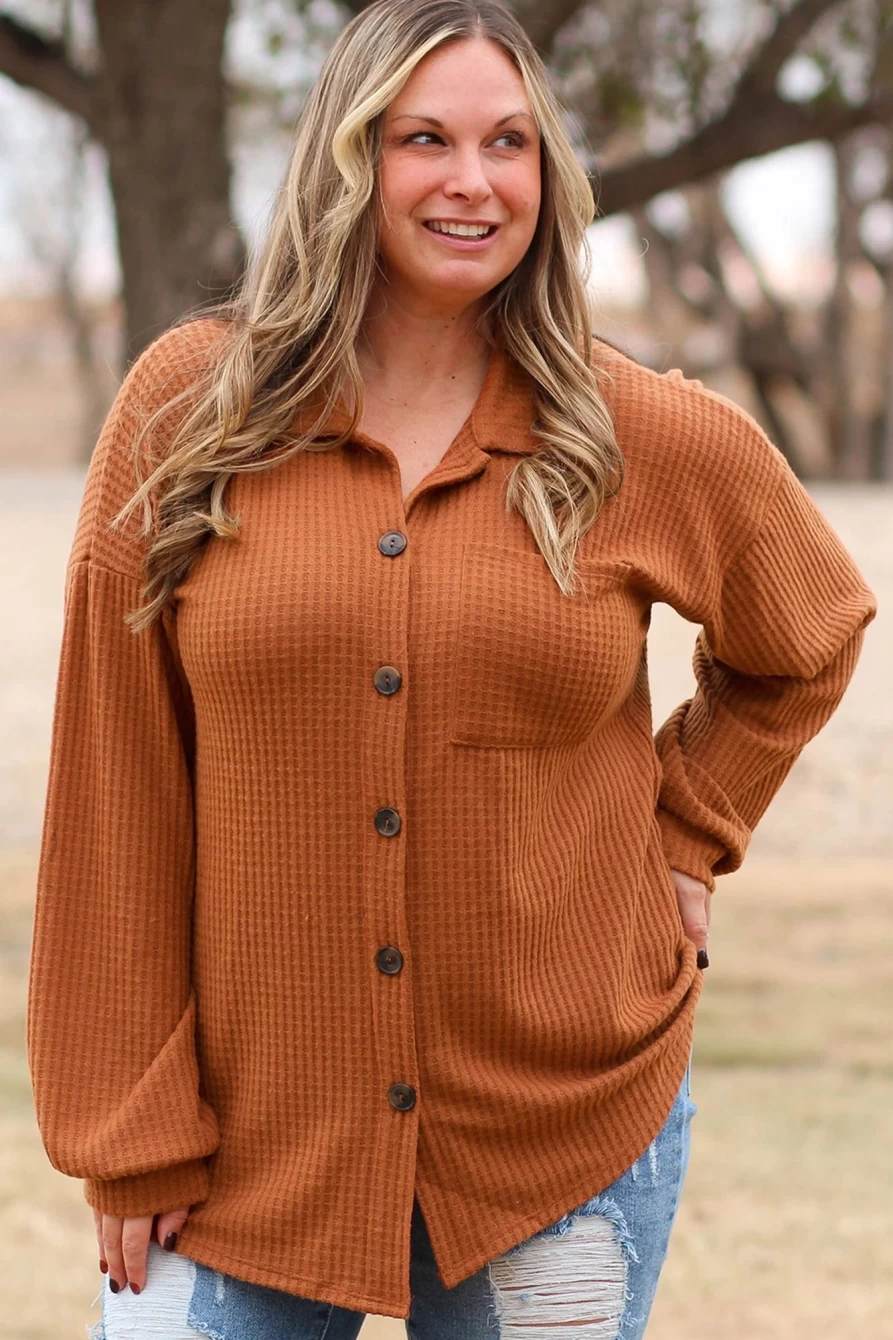 Shewin Women's Plus Size Brown Waffle Knit Shacket - Textured Cozy Oversized Button-Up