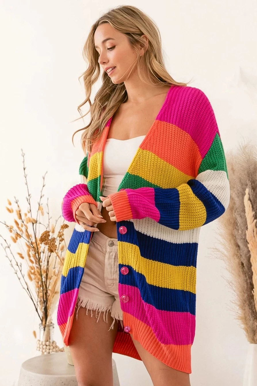 Shewin Women's Multicolor Striped Knit Long Cardigan with Button Front