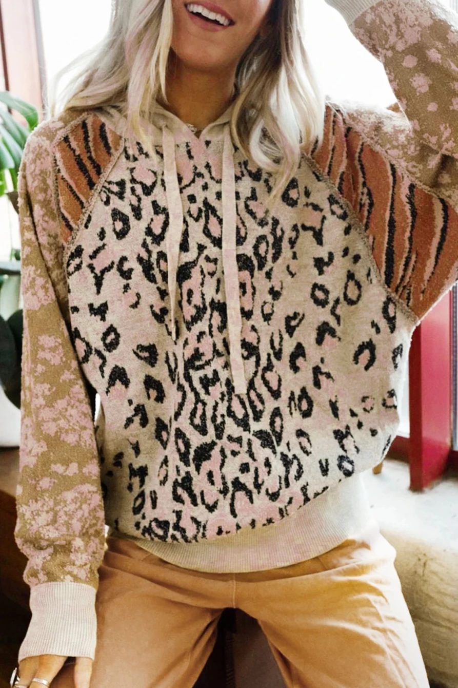 Women's Leopard Print Colorblock Hooded Sweater Raglan Sleeve Pullover - Shewin