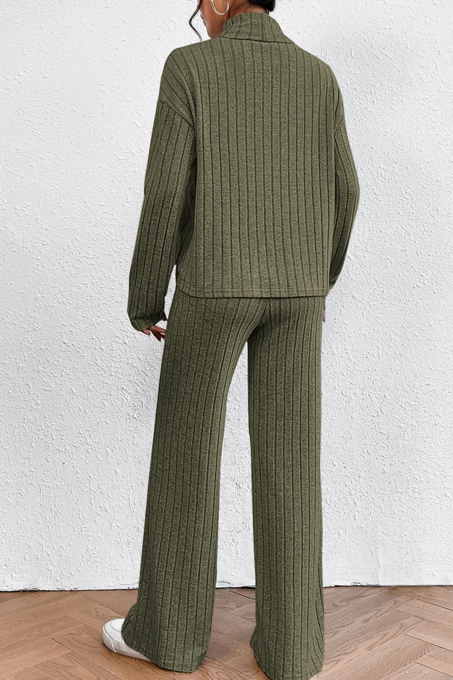 Shewin Women's Jungle Green Ribbed Mock Neck Loose Loungewear Set - Comfortable Top & Pants