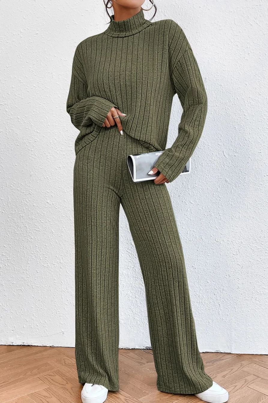 Shewin Women's Jungle Green Ribbed Mock Neck Loose Loungewear Set - Comfortable Top & Pants