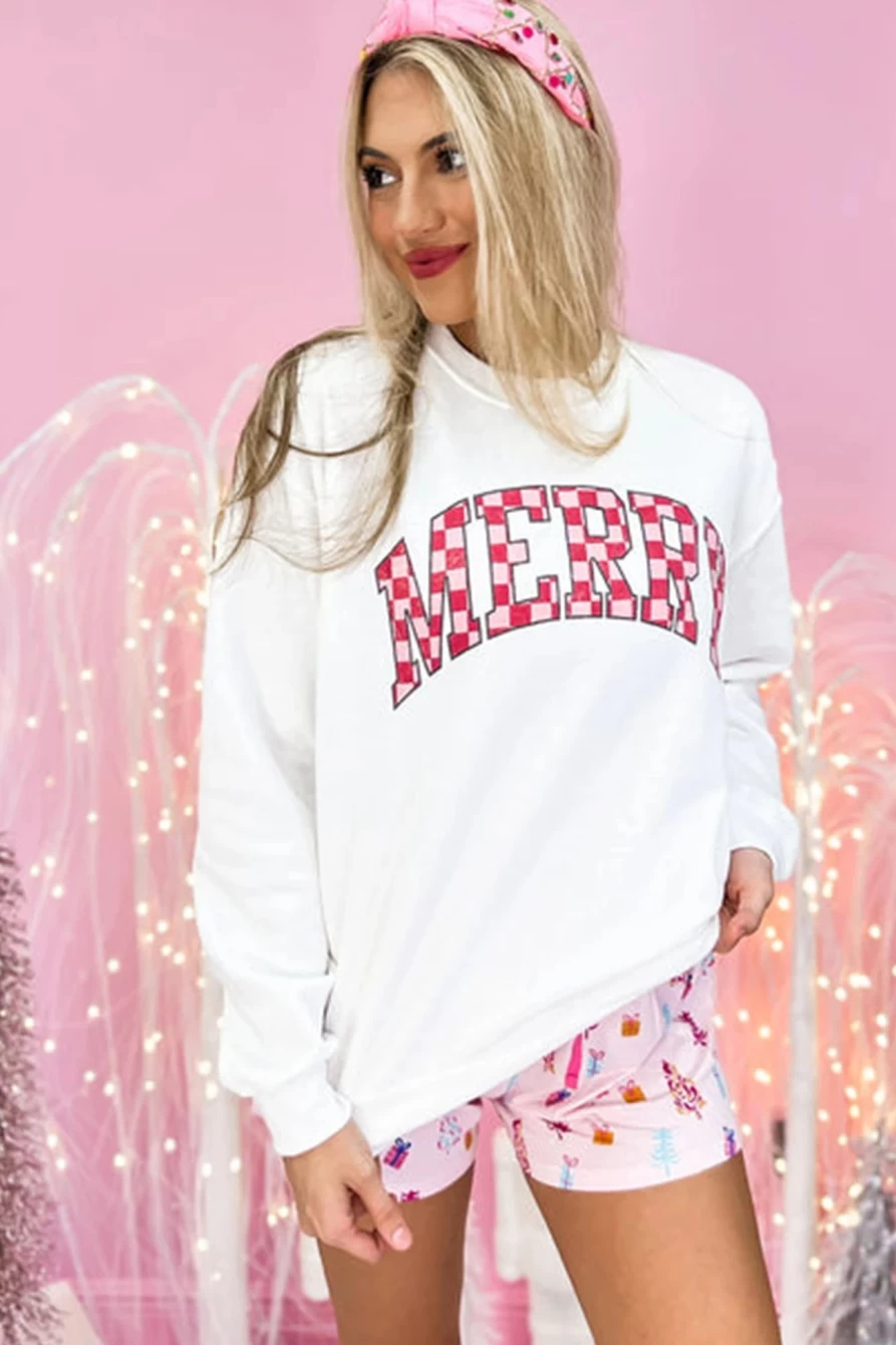 Shewin Women's Beige Plaid Print Crewneck Graphic Sweatshirt - Merry Christmas Holiday Pullover