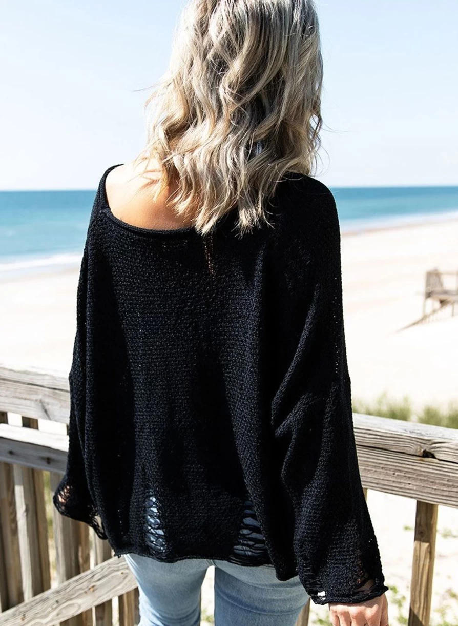 Shewin Women's Black Casual Distressed Ripped Crop Knit Sweater