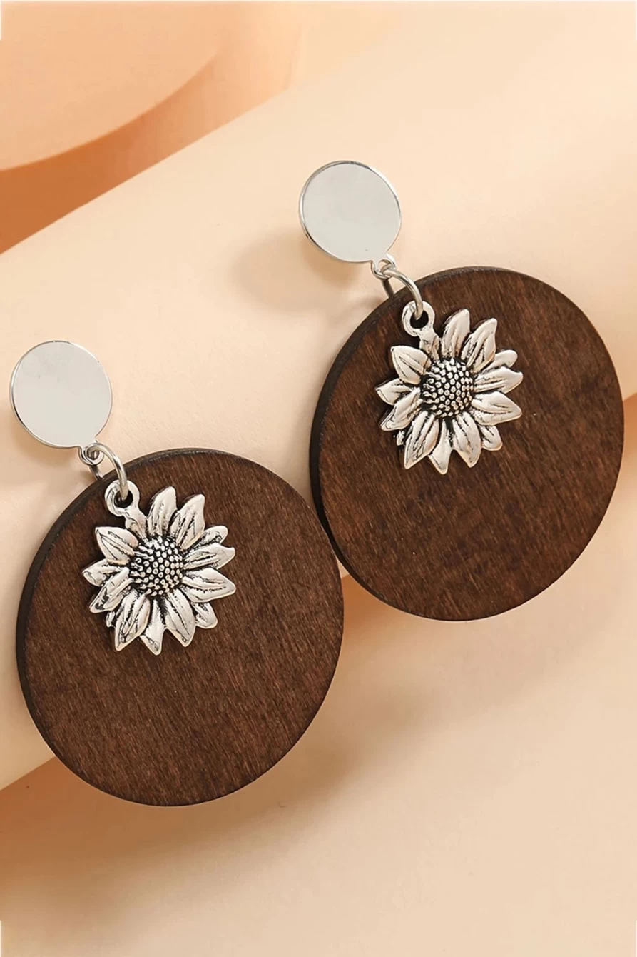 Shewin Retro Sunflower Round Wood Stud Earrings for Women - Silvery Vintage Floral Dangle Earrings