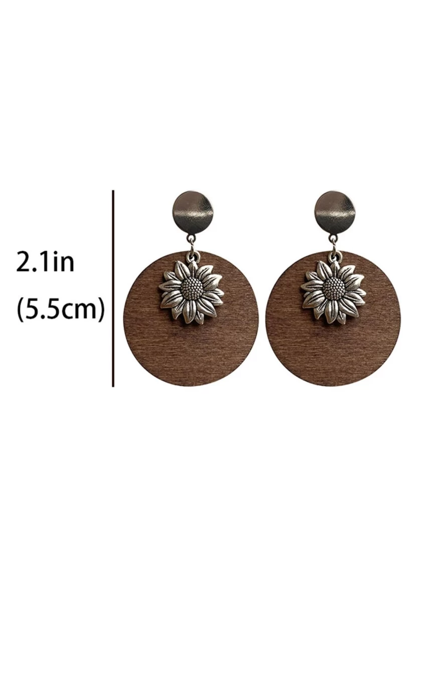 Shewin Retro Sunflower Round Wood Stud Earrings for Women - Silvery Vintage Floral Dangle Earrings