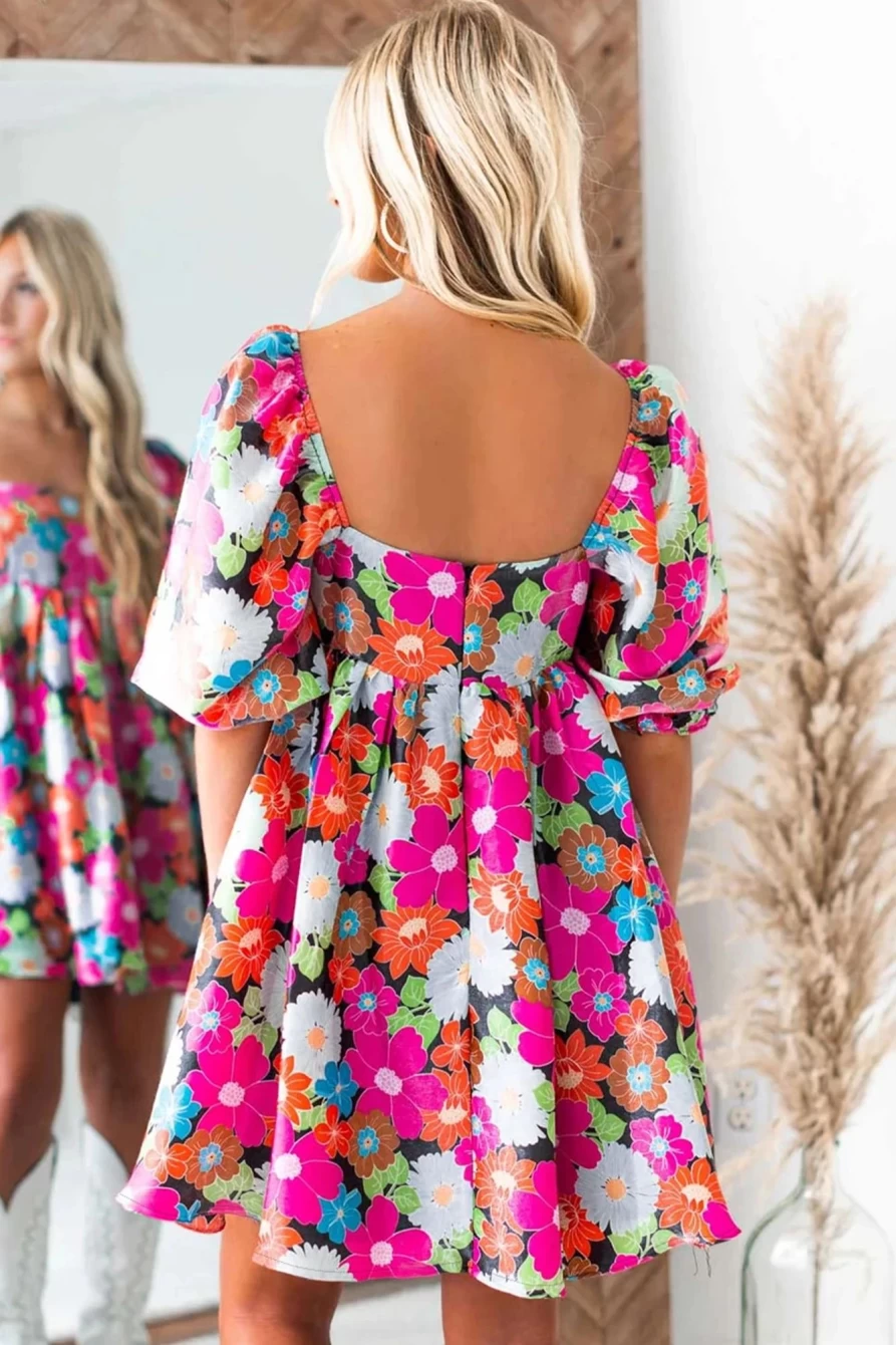 Shewin Women's Rose Floral Print Square Neck Short Puff Sleeve Summer Dress