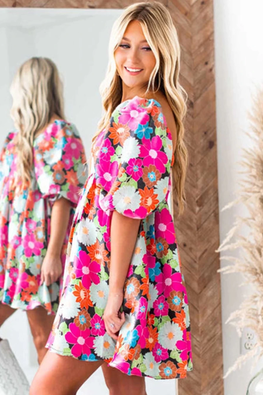 Shewin Women's Rose Floral Print Square Neck Short Puff Sleeve Summer Dress