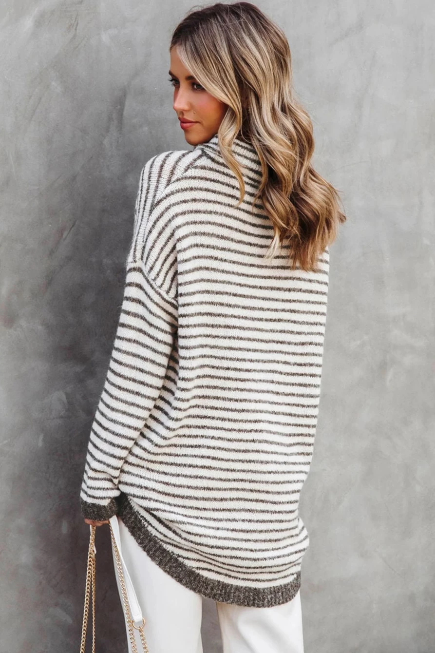 Shewin Women's Khaki Striped Oversized Turtleneck Sweater