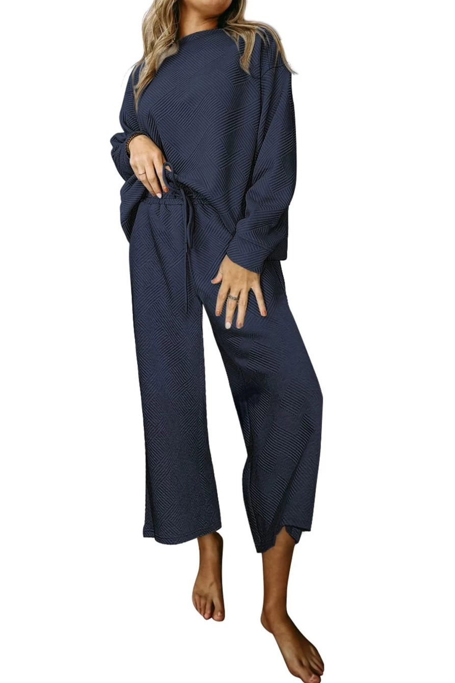 Shewin Women's Navy Blue Textured Loose Slouchy Long Sleeve Top and Pants Set