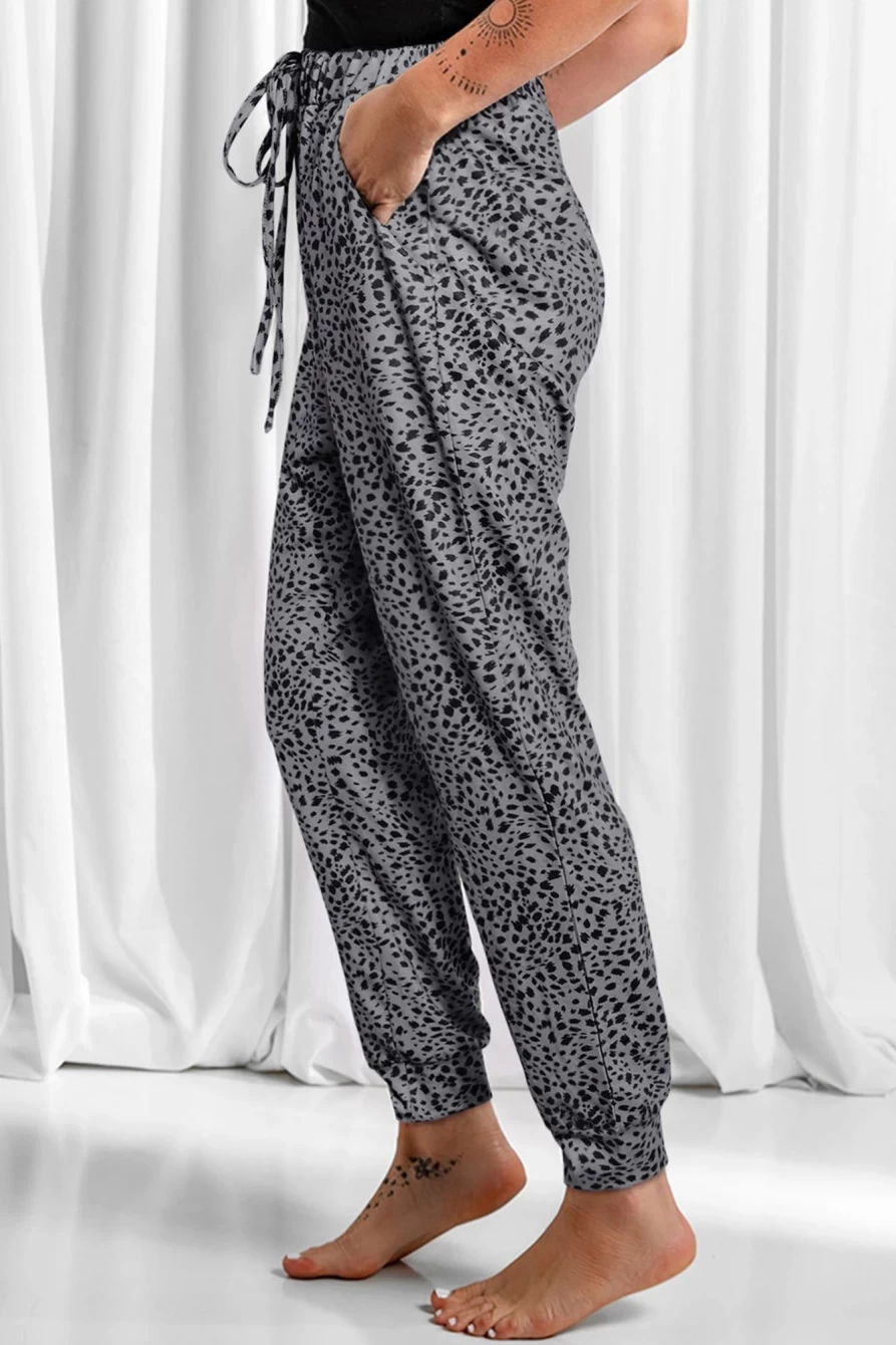 Shewin Women's Gray Leopard Print Casual Drawstring Joggers - Breezy Comfort Fit
