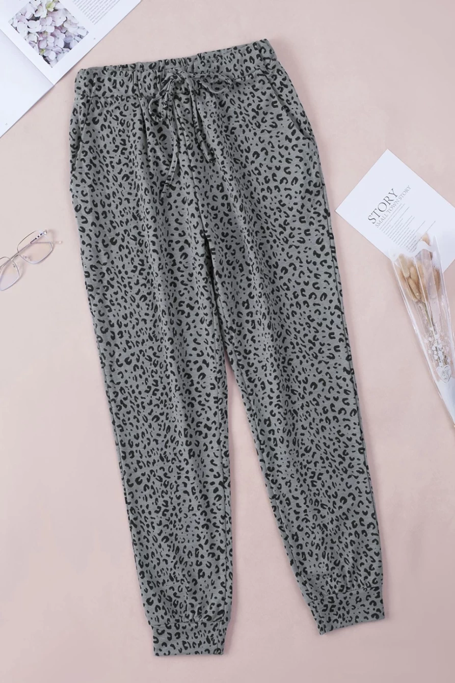 Shewin Women's Gray Leopard Print Casual Drawstring Joggers - Breezy Comfort Fit