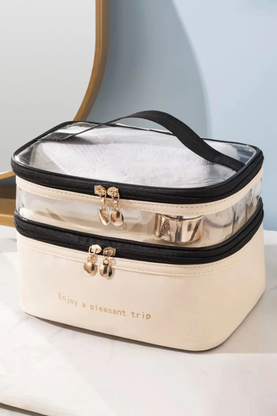 "Shewin Women's Beige Waterproof PVC Double Layer Makeup Bag for Cosmetics Travel"