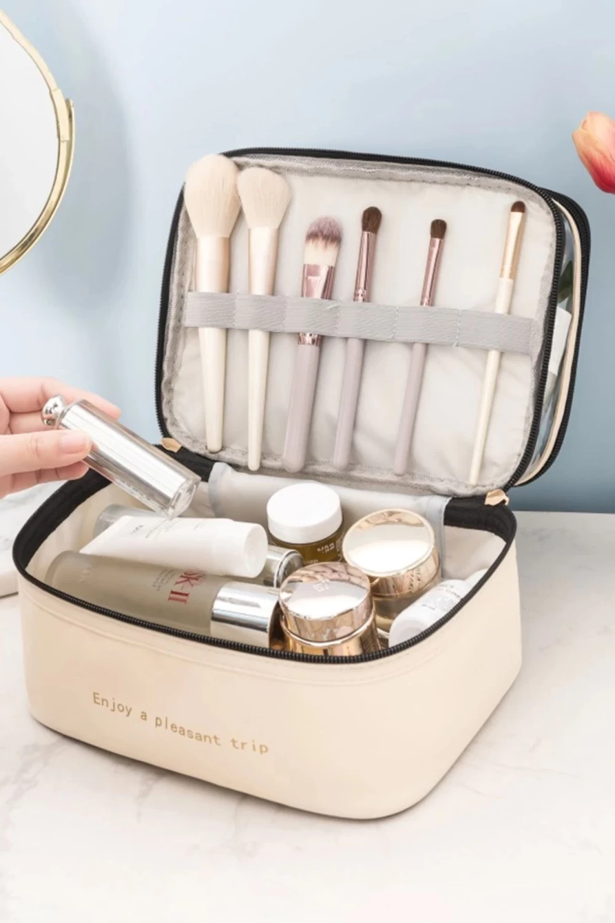 "Shewin Women's Beige Waterproof PVC Double Layer Makeup Bag for Cosmetics Travel"